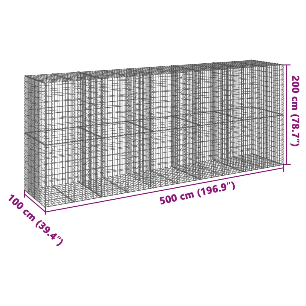 Coș gabion cu capac, 500x100x200 cm, fier galvanizat