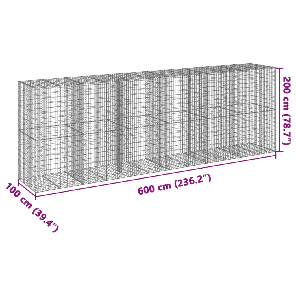 Coș gabion cu capac, 600x100x200 cm, fier galvanizat