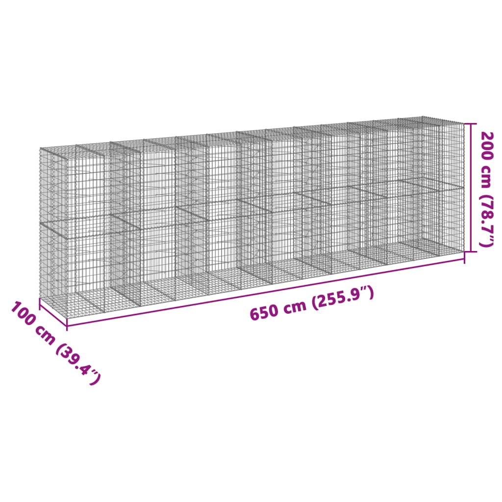 Coș gabion cu capac, 650x100x200 cm, fier galvanizat