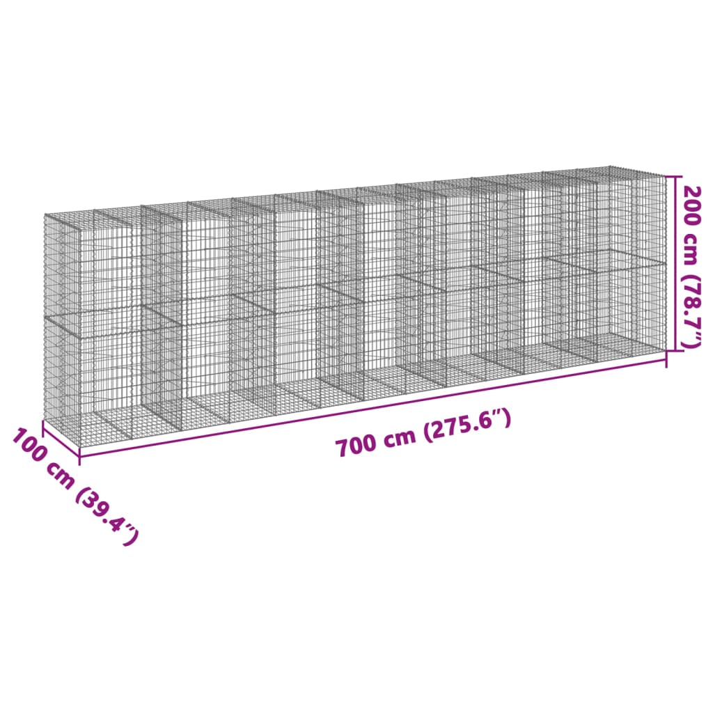 Coș gabion cu capac, 700x100x200 cm, fier galvanizat