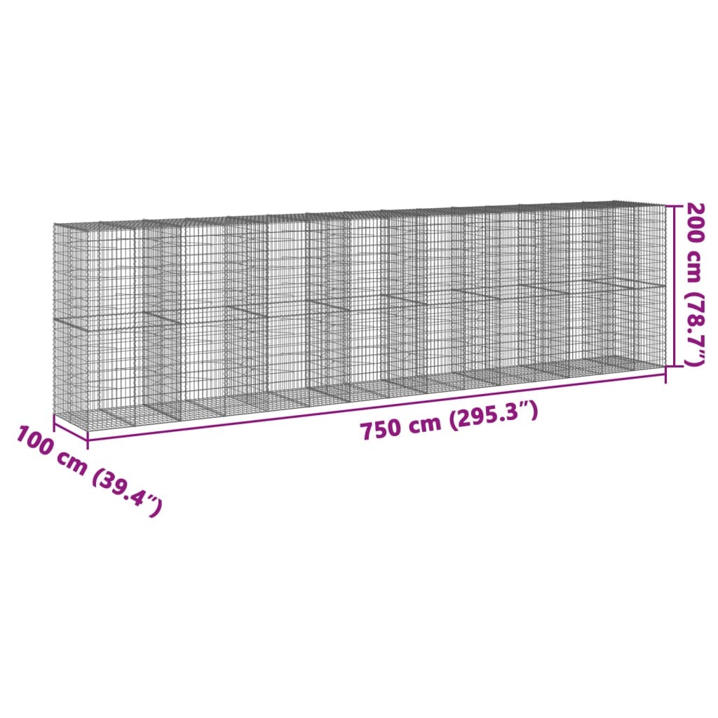 Coș gabion cu capac, 750x100x200 cm, fier galvanizat