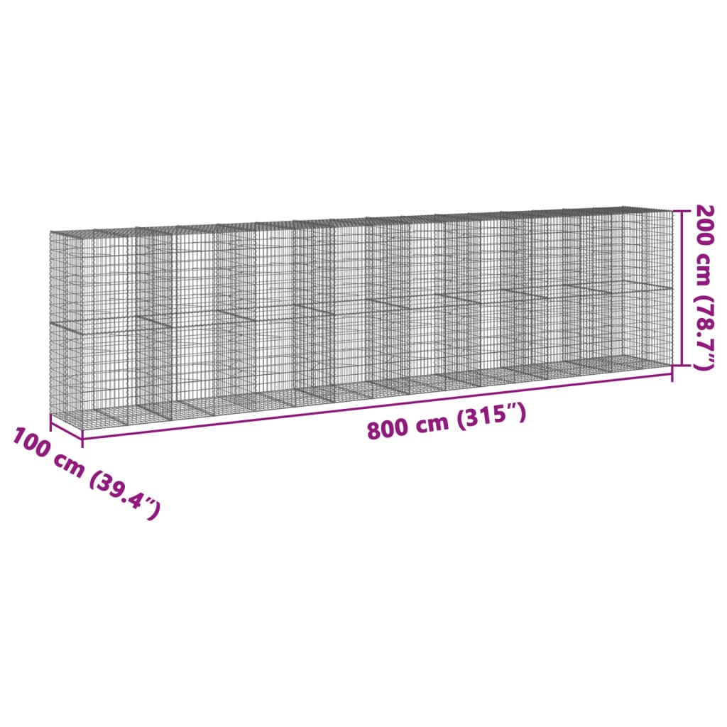 Coș gabion cu capac, 800x100x200 cm, fier galvanizat