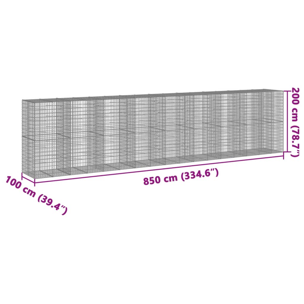 Coș gabion cu capac, 850x100x200 cm, fier galvanizat