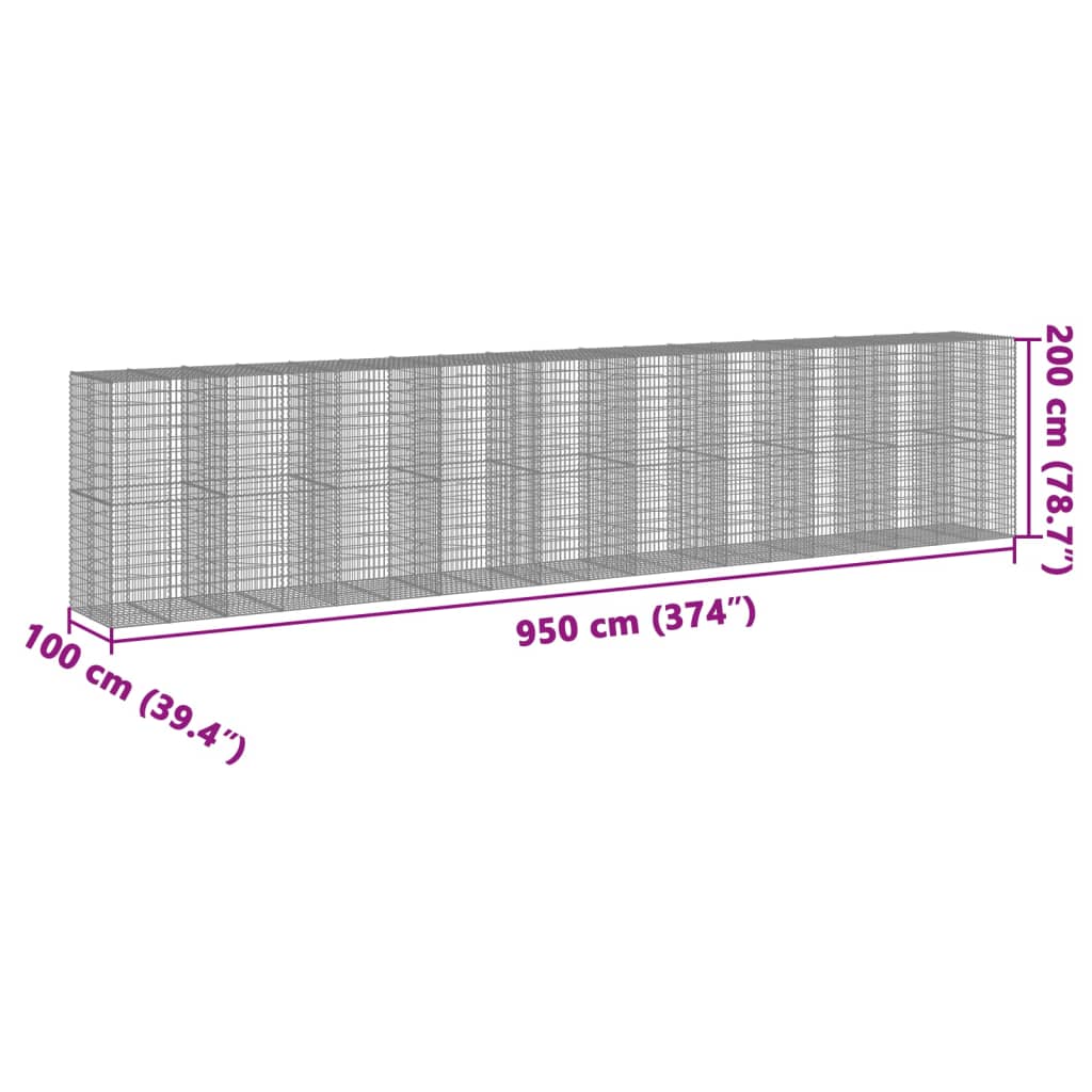 Coș gabion cu capac, 950x100x200 cm, fier galvanizat