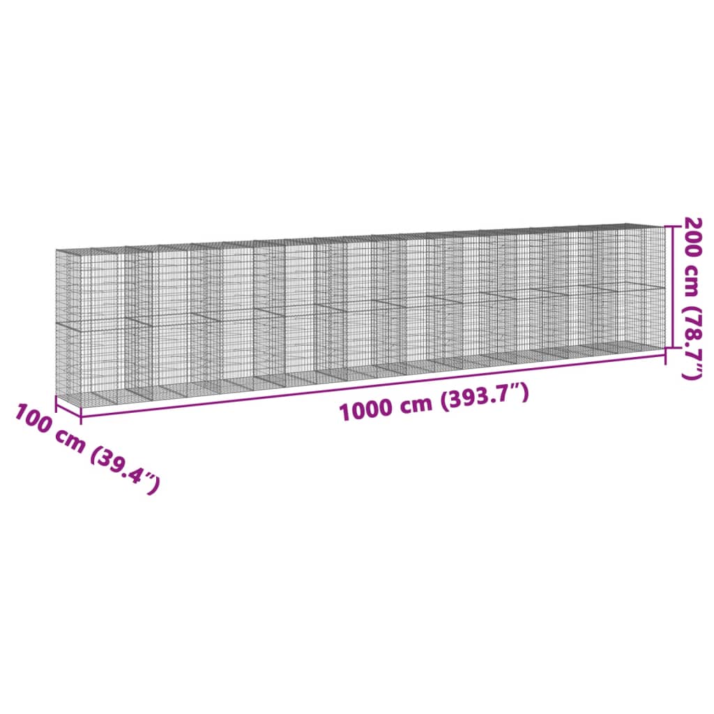 Coș gabion cu capac, 1000x100x200 cm, fier galvanizat