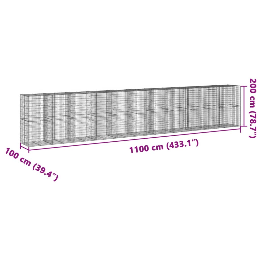 Coș gabion cu capac, 1100x100x200 cm, fier galvanizat