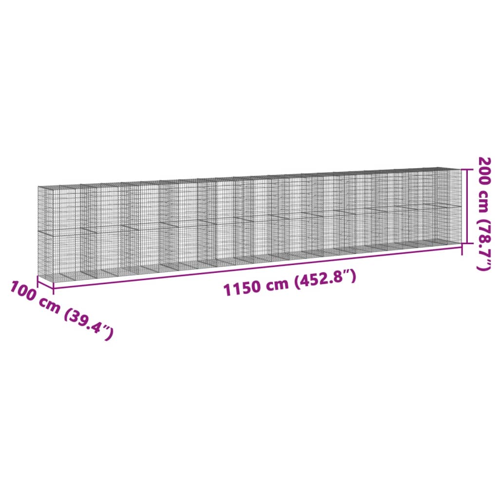 Coș gabion cu capac, 1150x100x200 cm, fier galvanizat