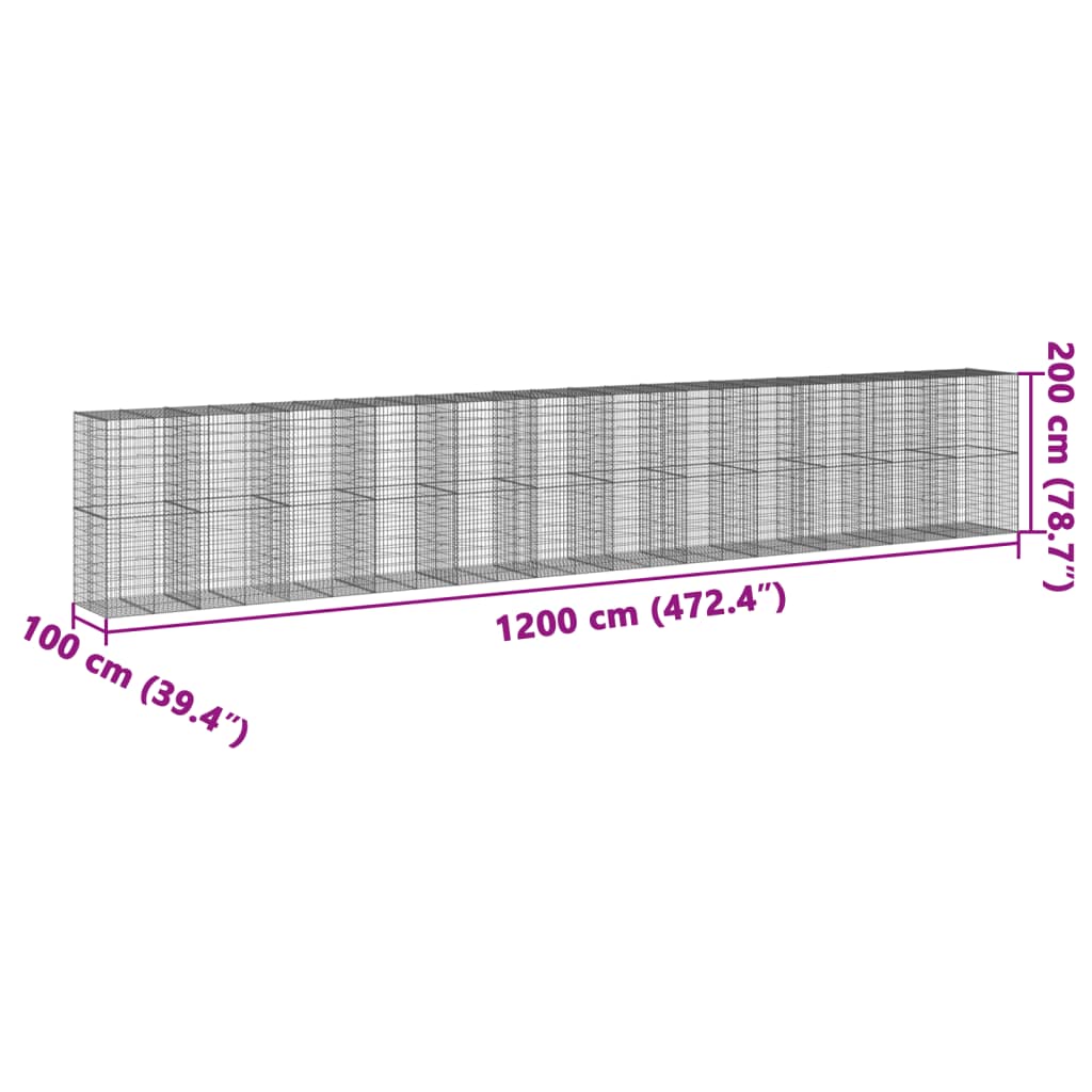 Coș gabion cu capac, 1200x100x200 cm, fier galvanizat