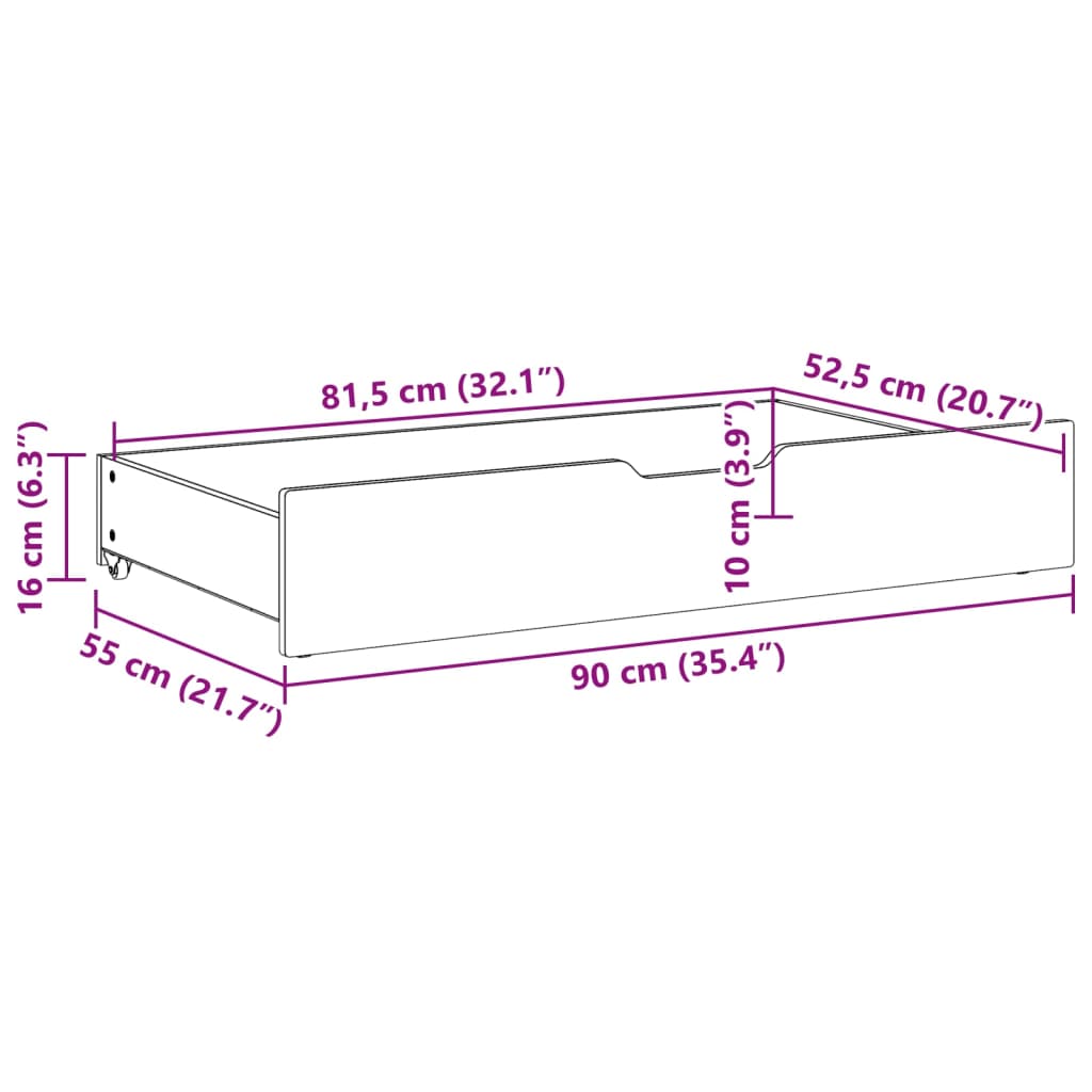 Sertare de pat, 2 buc., 90x55x16 cm, alb, lemn masiv de pin