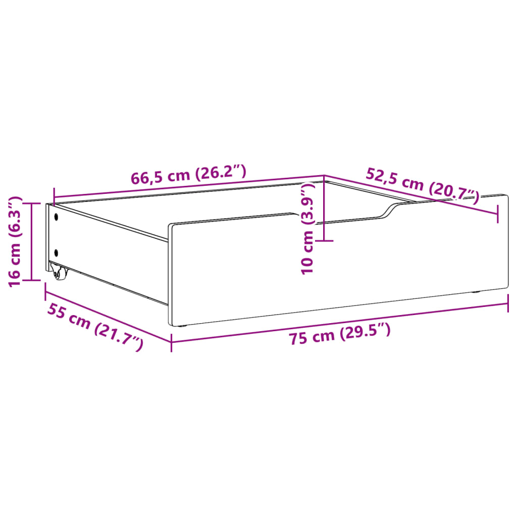 Sertare de pat, 2 buc., 75x55x16 cm, alb, lemn masiv de pin