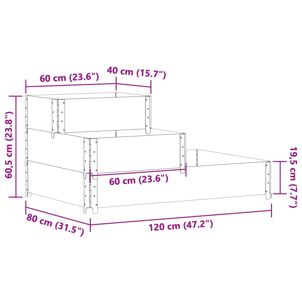 Strat înălțat cu 3 niveluri, gri, 120x80 cm, lemn masiv pin