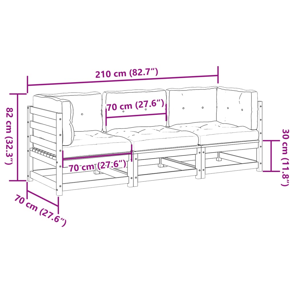 Set mobilier de grădină cu perne, 3 piese, lemn masiv de pin