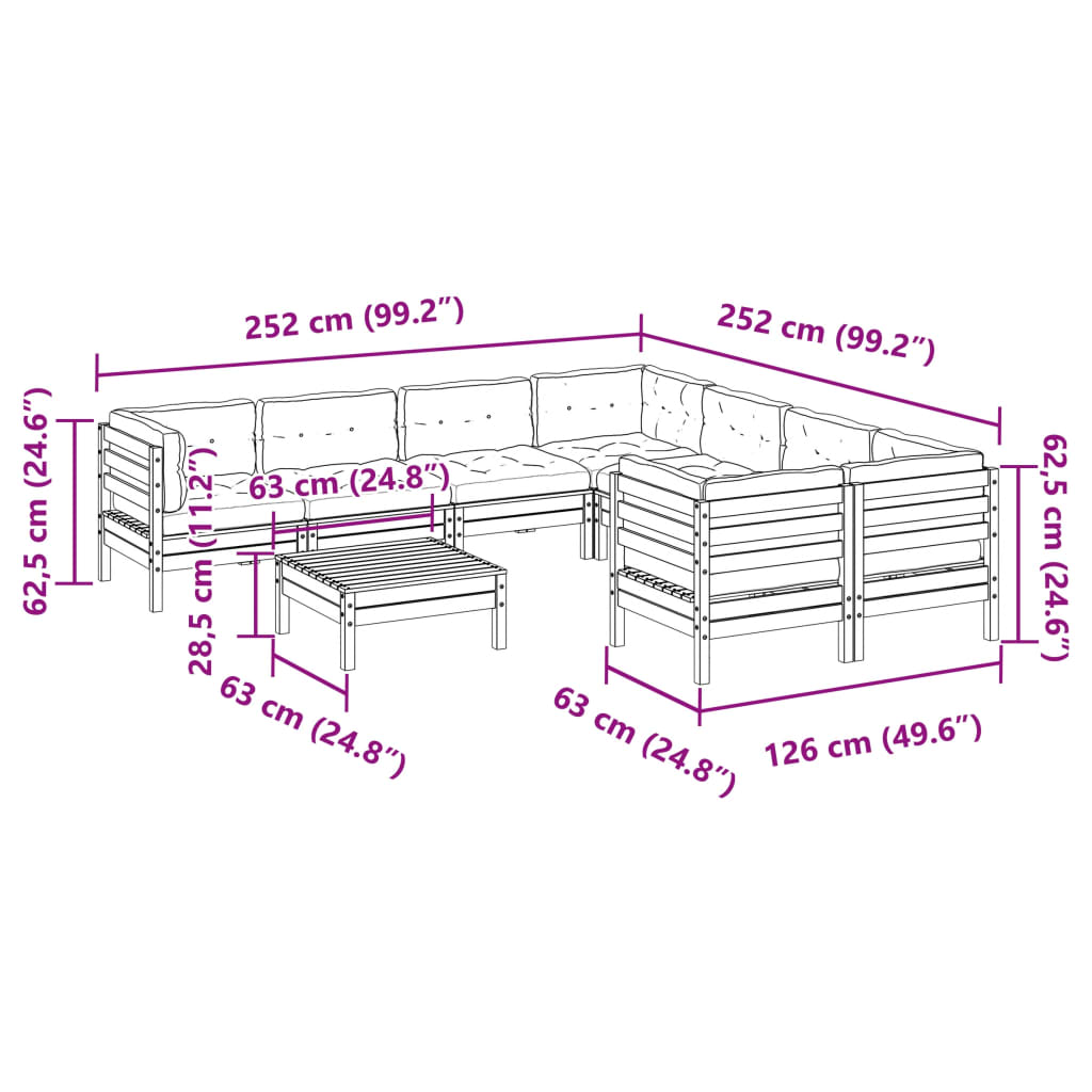 Set mobilier de grădină cu perne, 9 piese, lemn masiv de pin