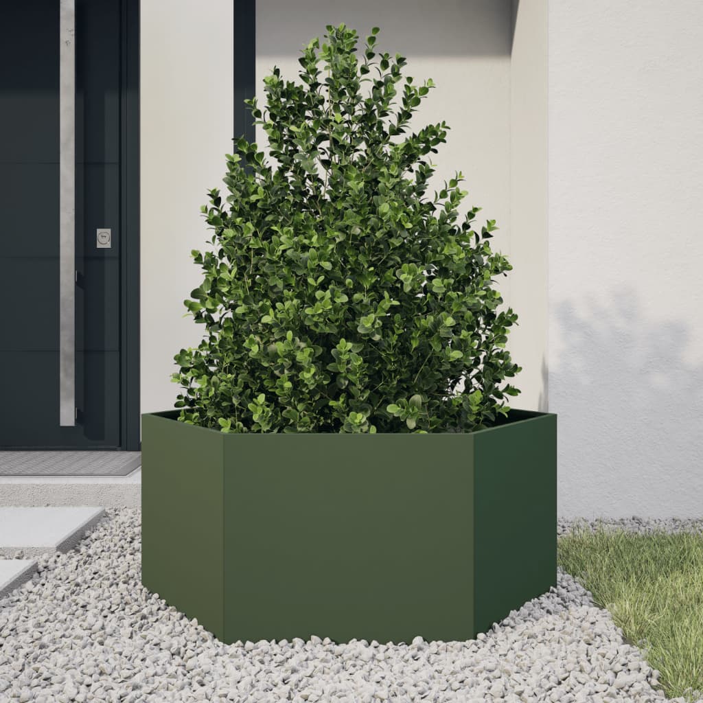 Jardinieră grădină verde măsliniu 104x90x45 cm oțel hexagonal