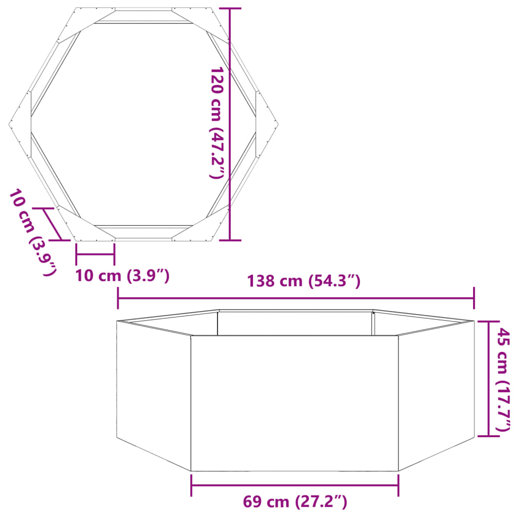 Jardinieră de grădină 138x120x45 cm oțel corten hexagonal