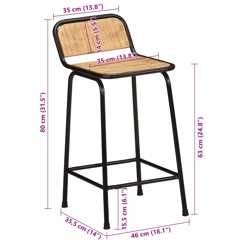 Scaune de bar 2 buc 46x35,5x80 cm Lemn masiv Mango brut