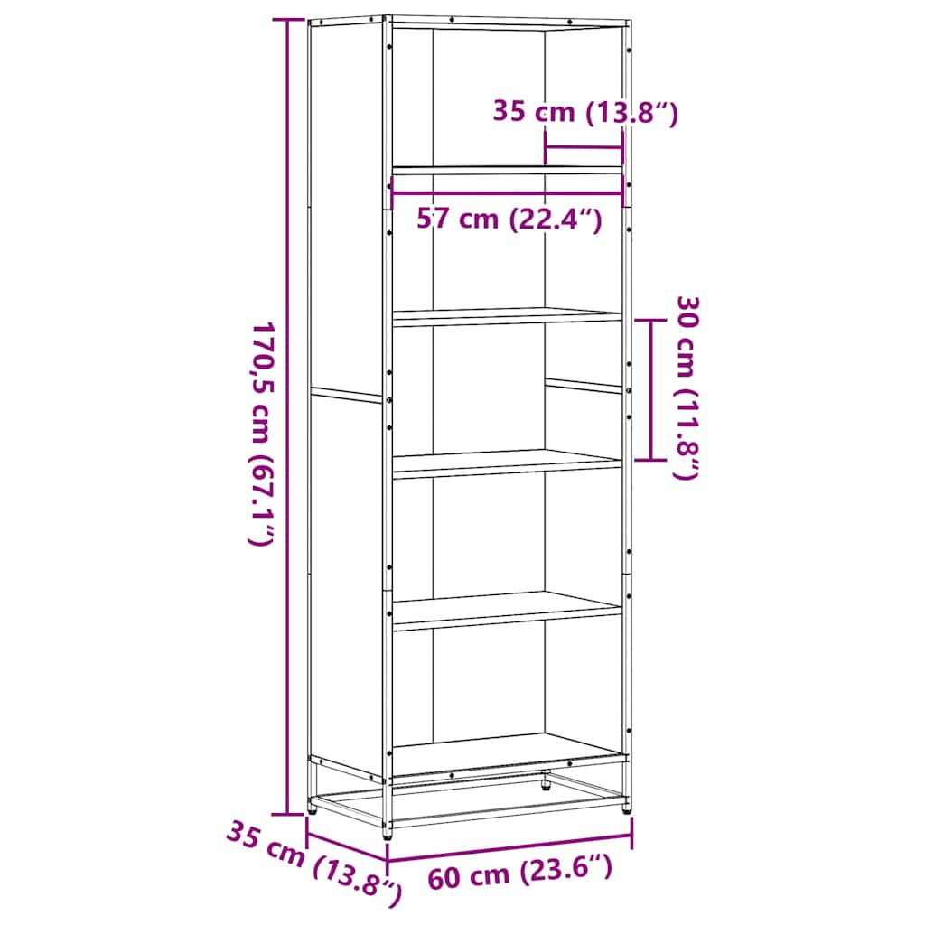 Bibliotecă, gri sonoma, 60x35x170,5 cm, lemn prelucrat