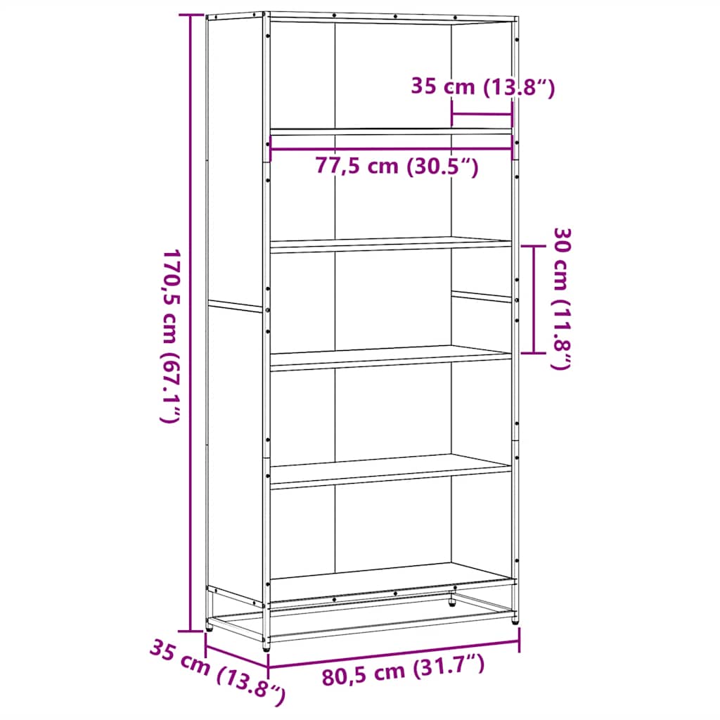 Bibliotecă, stejar afumat, 80,5x35x170,5 cm, lemn prelucrat