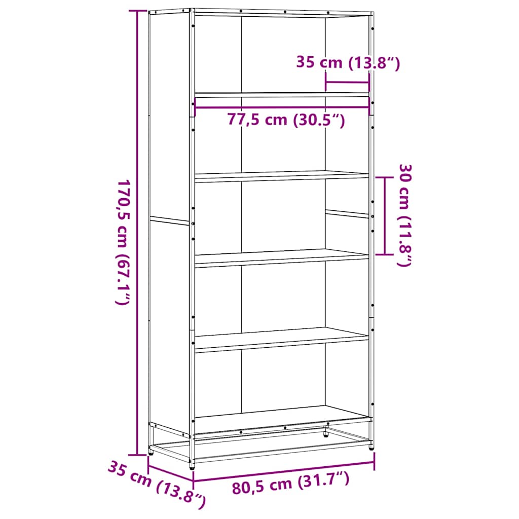 Bibliotecă, gri sonoma, 80,5x35x170,5 cm, lemn prelucrat