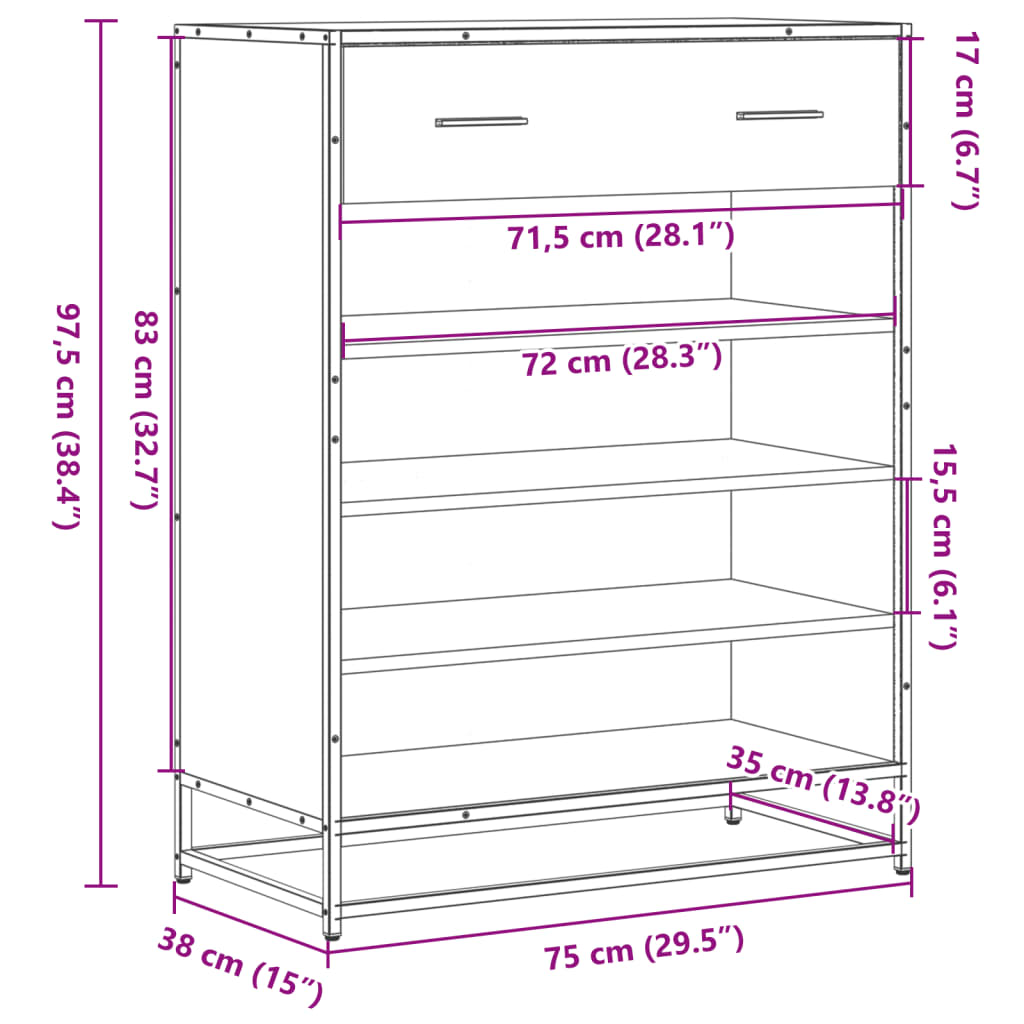 Pantofar, stejar sonoma, 75x38x97,5 cm, lemn prelucrat/metal