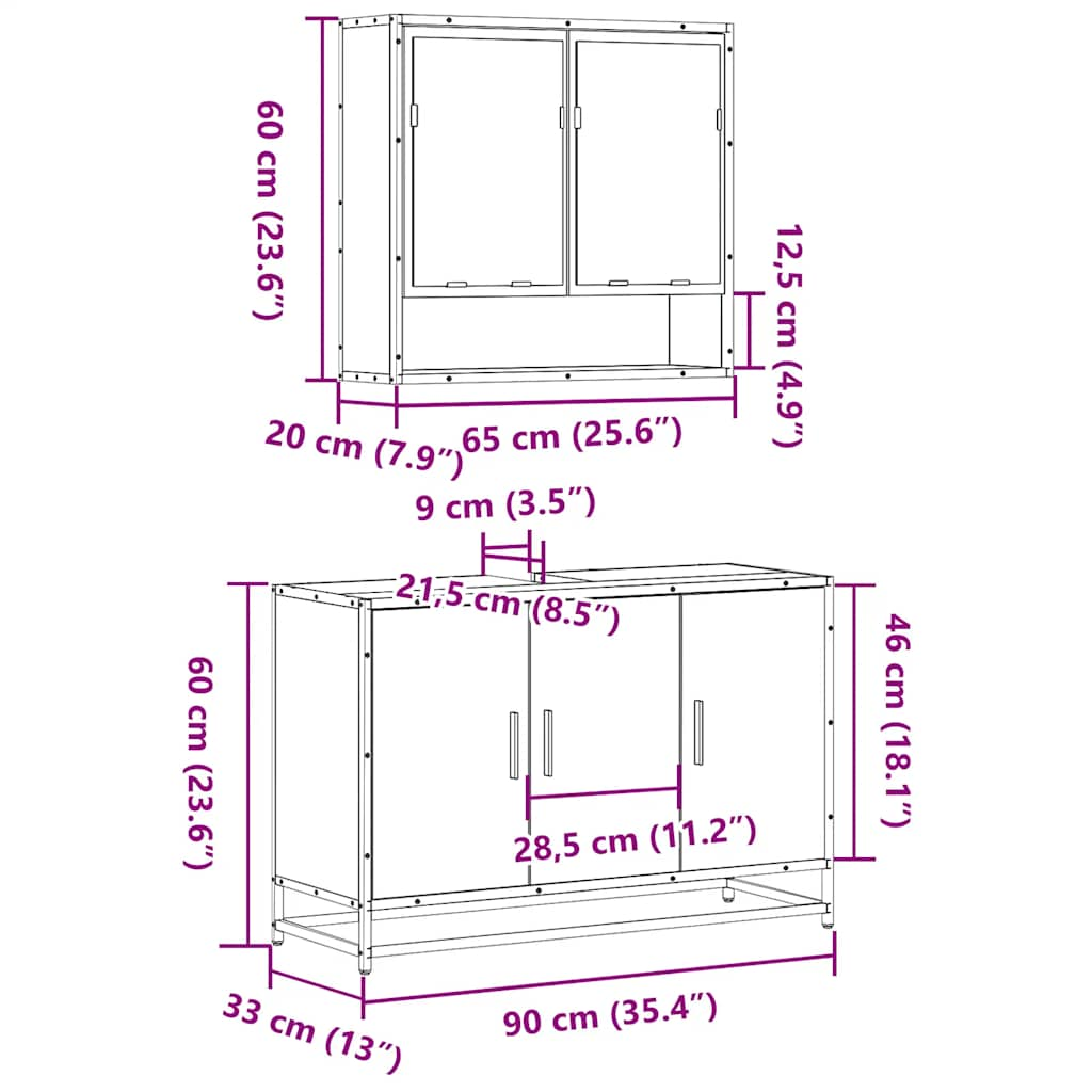 Set mobilier de baie, 2 piese, negru, lemn compozit