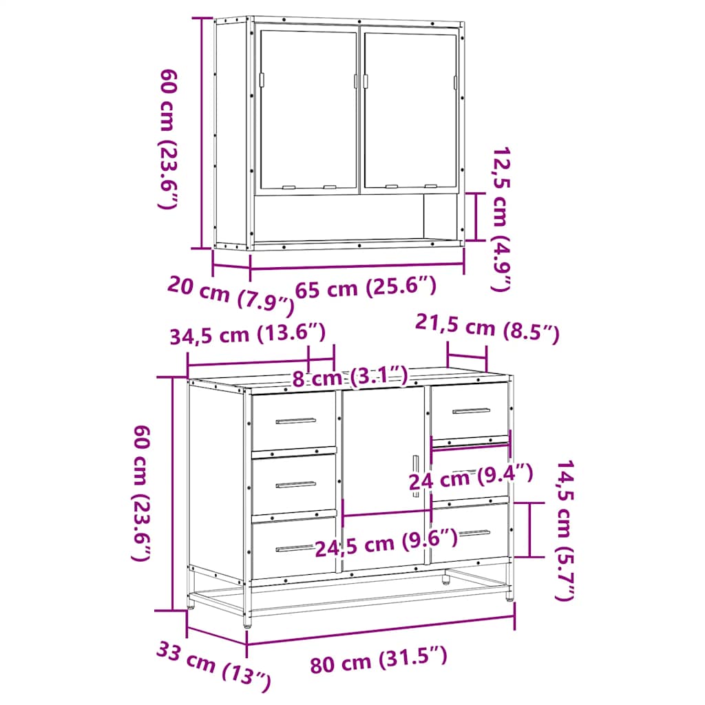 Set mobilier de baie, 2 piese, stejar sonoma, lemn prelucrat