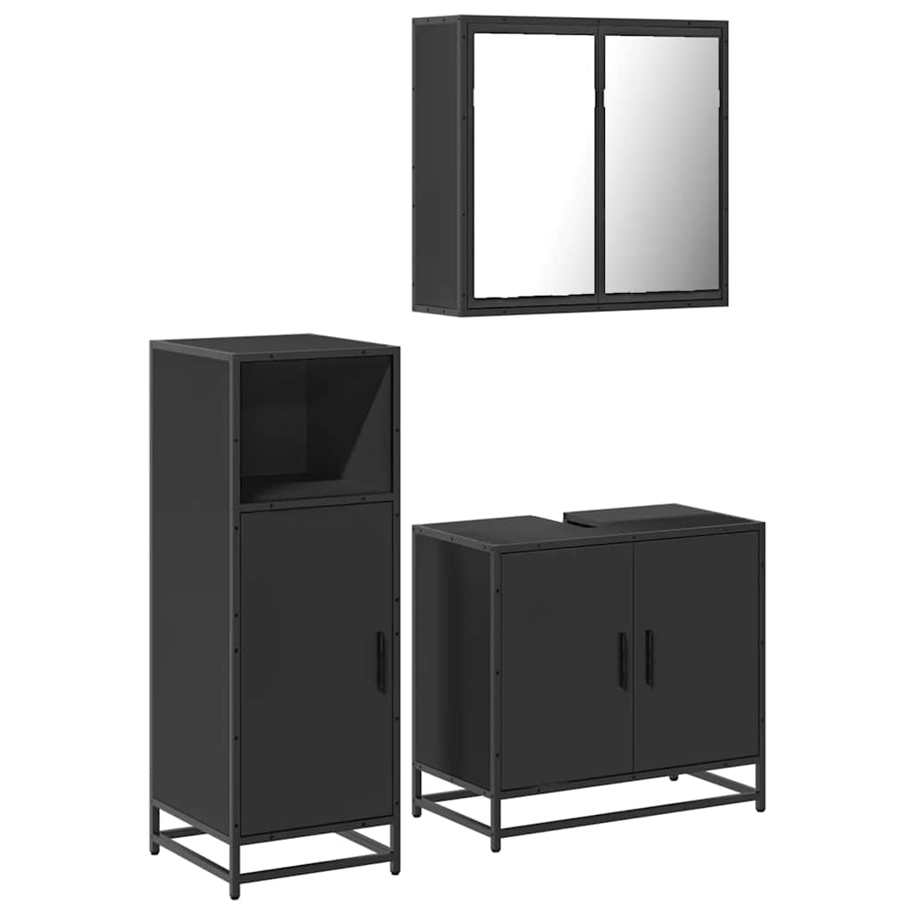 Set mobilier de baie, 3 piese, negru, lemn compozit