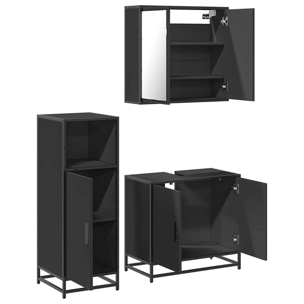 Set mobilier de baie, 3 piese, negru, lemn compozit