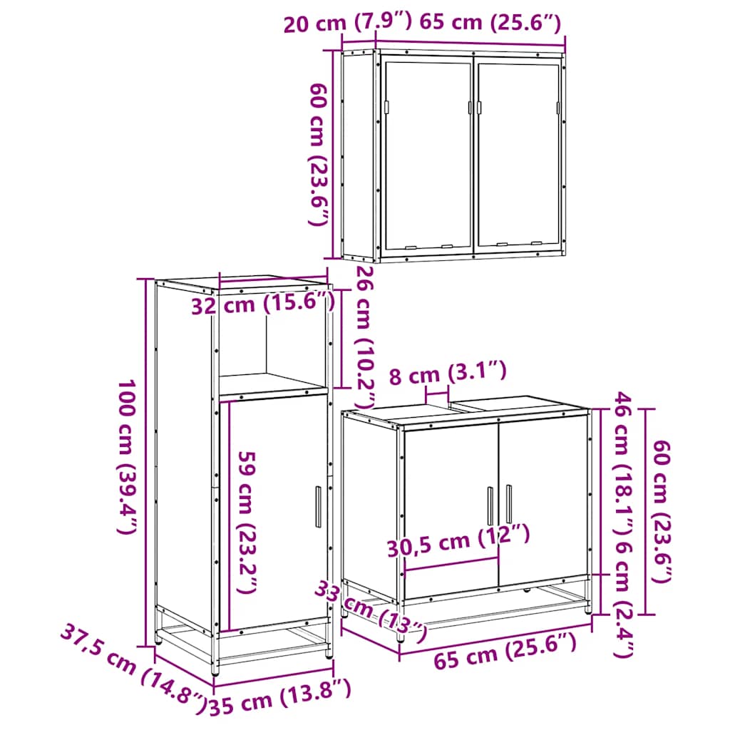 Set mobilier de baie, 3 piese, negru, lemn compozit