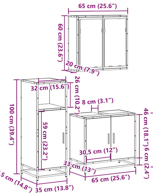 Încărcați imaginea în vizualizatorul Galerie, Set mobilier de baie, 3 piese, stejar sonoma, lemn prelucrat
