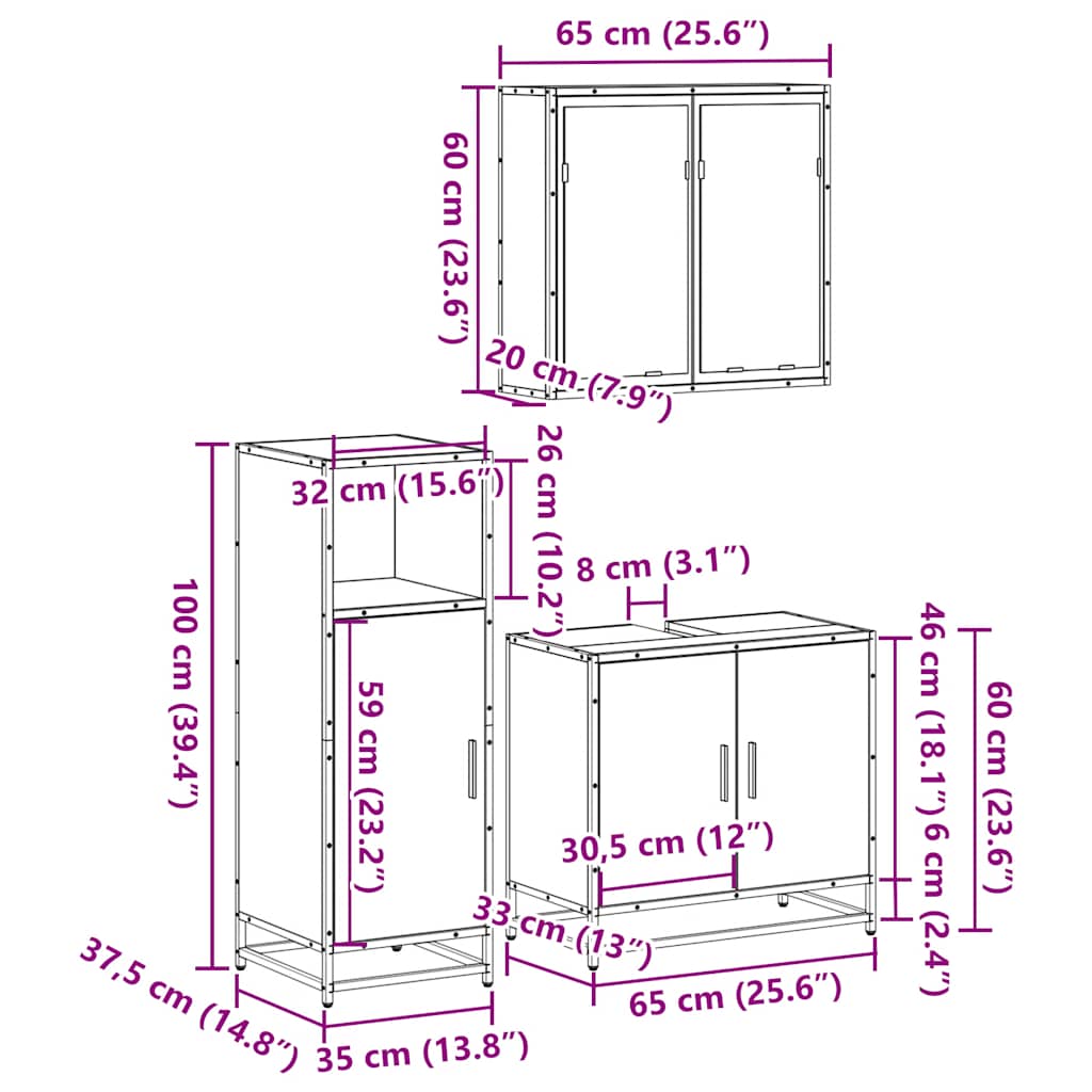 Set mobilier de baie, 3 piese, stejar sonoma, lemn prelucrat