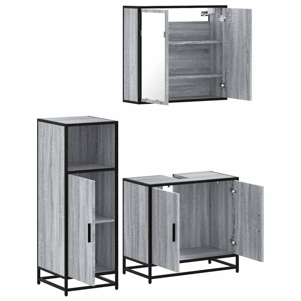 Set mobilier de baie, 3 piese, gri sonoma, lemn prelucrat