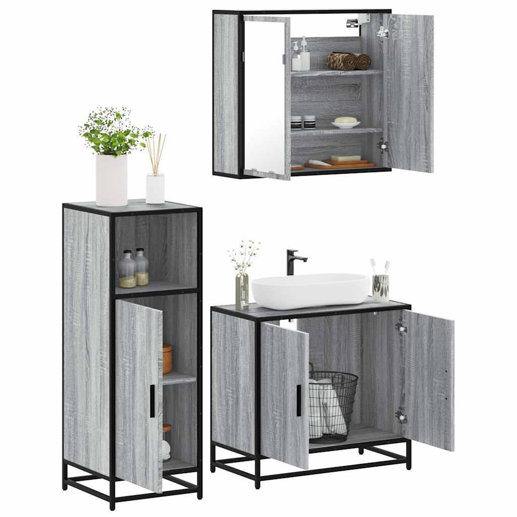 Set mobilier de baie, 3 piese, gri sonoma, lemn prelucrat