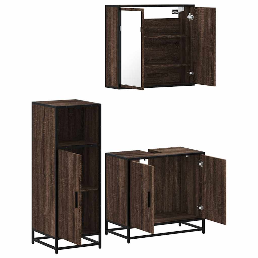 Set mobilier de baie, 3 piese, stejar maro, lemn prelucrat