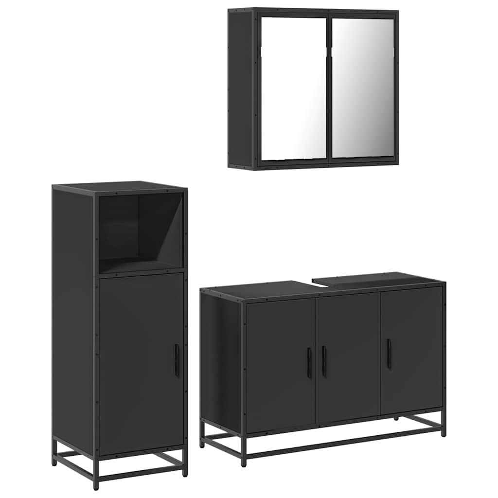 Set mobilier de baie, 3 piese, negru, lemn compozit