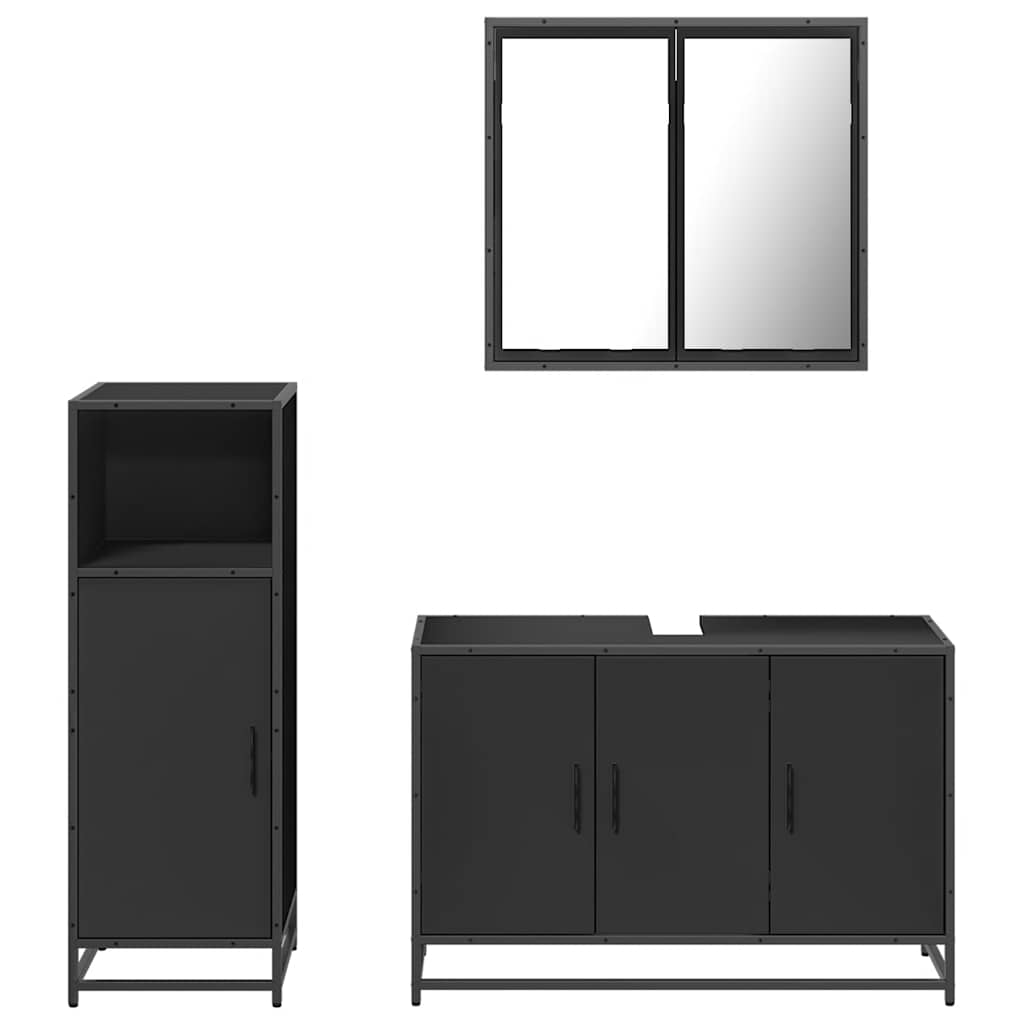 Set mobilier de baie, 3 piese, negru, lemn compozit