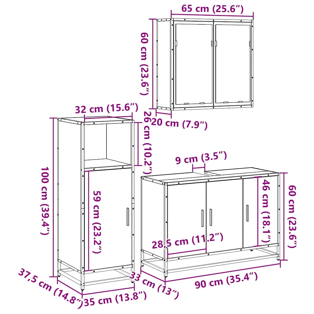 Set mobilier de baie, 3 piese, negru, lemn compozit