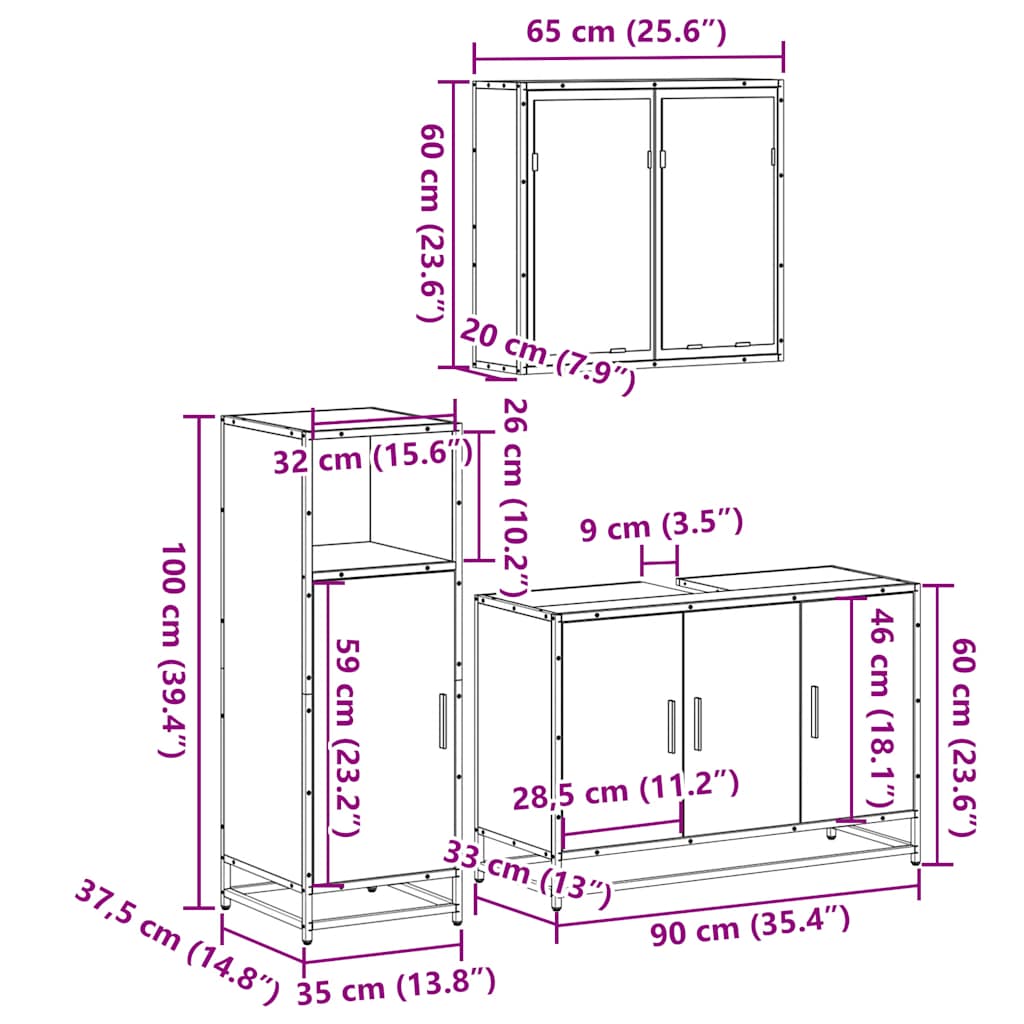 Set mobilier de baie, 3 piese, stejar sonoma, lemn prelucrat