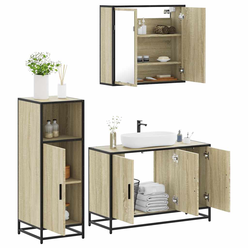 Set mobilier de baie, 3 piese, stejar sonoma, lemn prelucrat