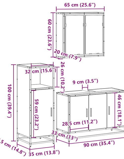 Загрузите изображение в средство просмотра галереи, Set mobilier de baie, 3 piese, stejar fumuriu, lemn prelucrat
