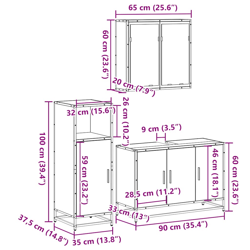 Set mobilier de baie, 3 piese, stejar fumuriu, lemn prelucrat