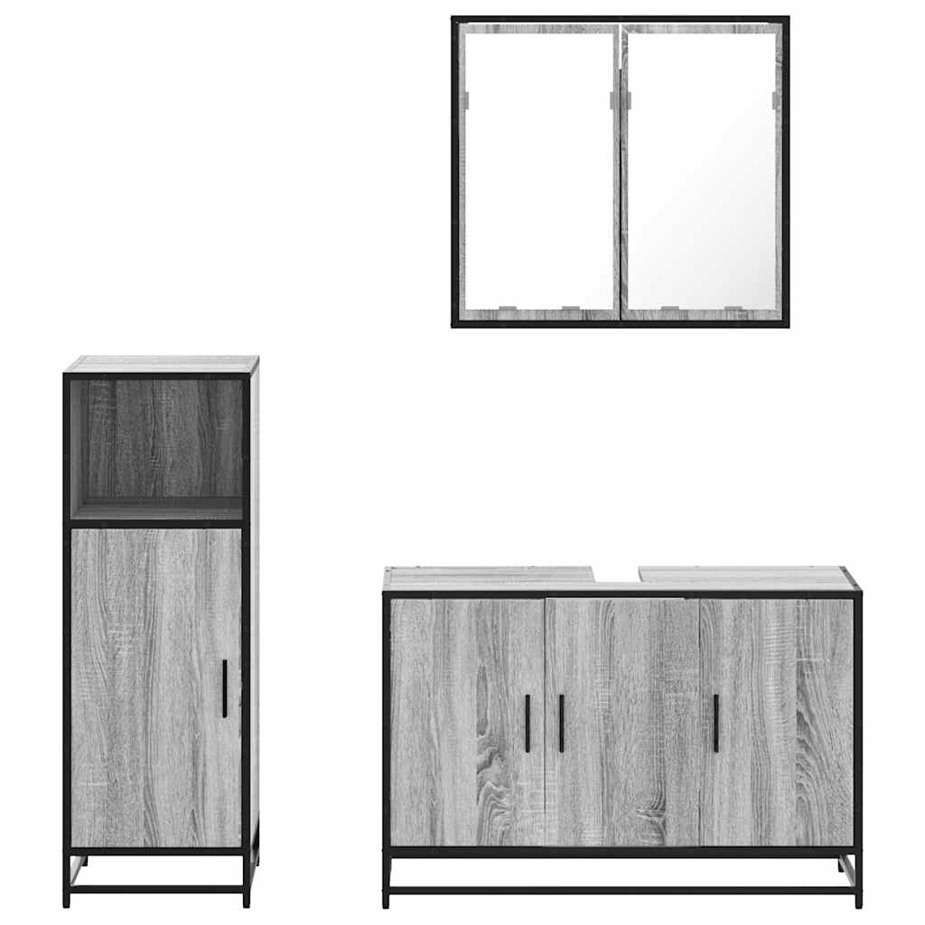 Set mobilier de baie, 3 piese, gri sonoma, lemn prelucrat