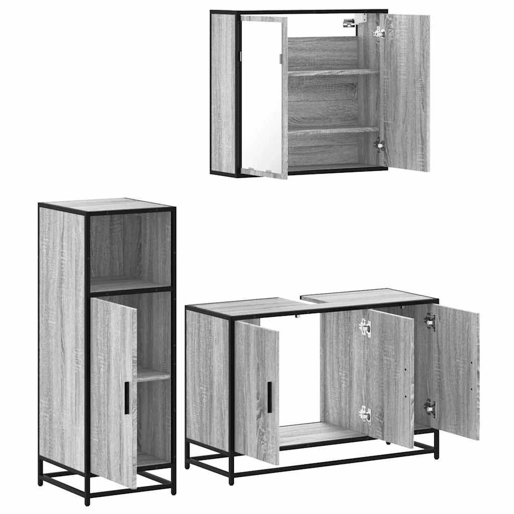 Set mobilier de baie, 3 piese, gri sonoma, lemn prelucrat