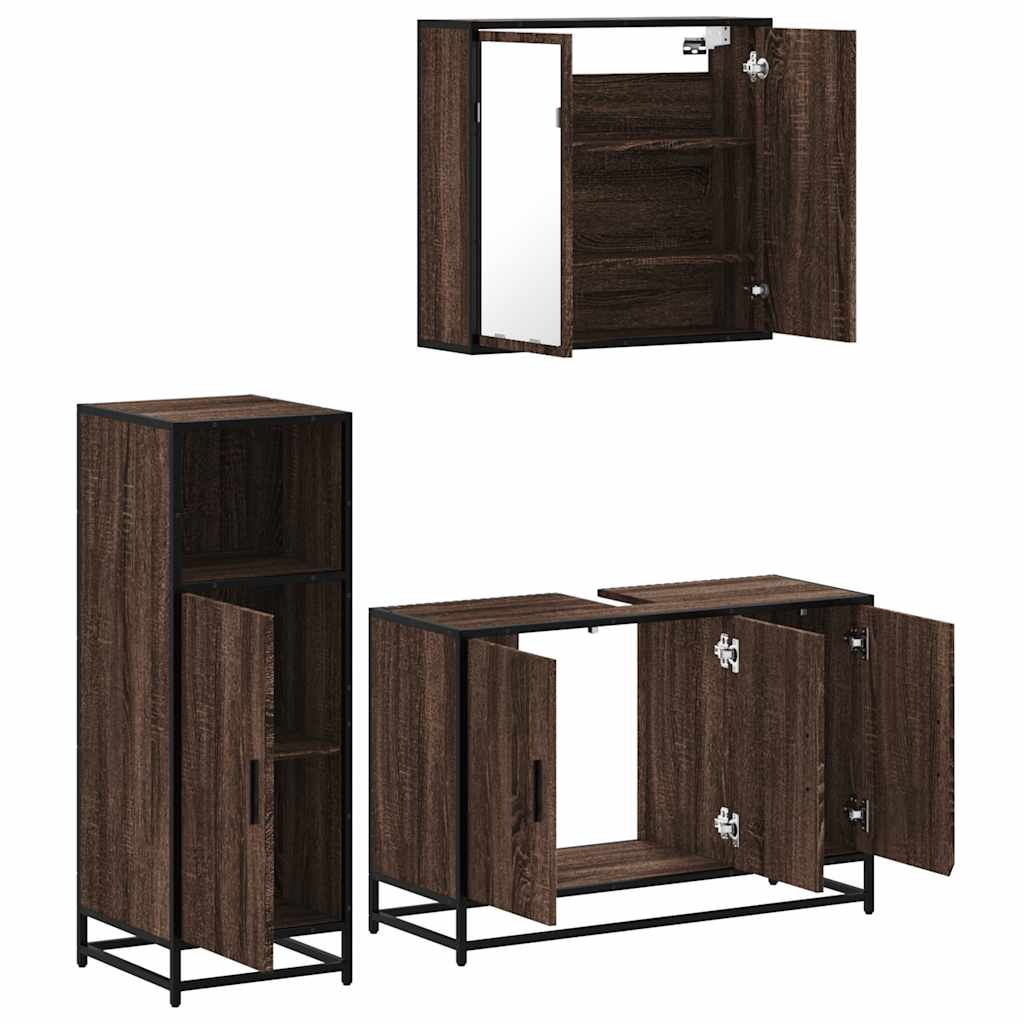 Set mobilier de baie, 3 piese, stejar maro, lemn prelucrat