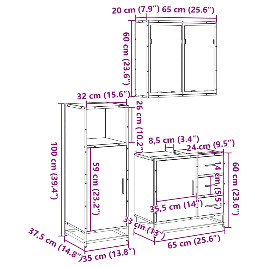 Set mobilier de baie, 3 piese, negru, lemn compozit