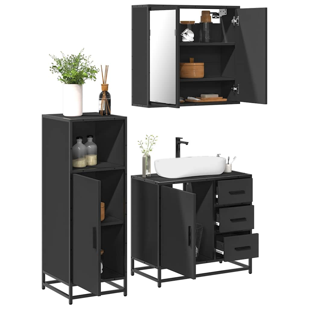 Set mobilier de baie, 3 piese, negru, lemn compozit