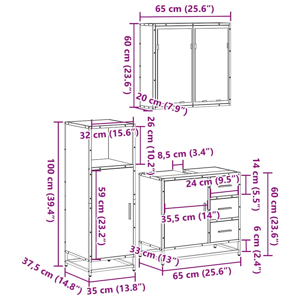 Set mobilier de baie, 3 piese, stejar sonoma, lemn prelucrat