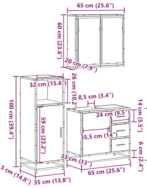 Încărcați imaginea în vizualizatorul Galerie, Set mobilier de baie, 3 piese, stejar fumuriu, lemn prelucrat
