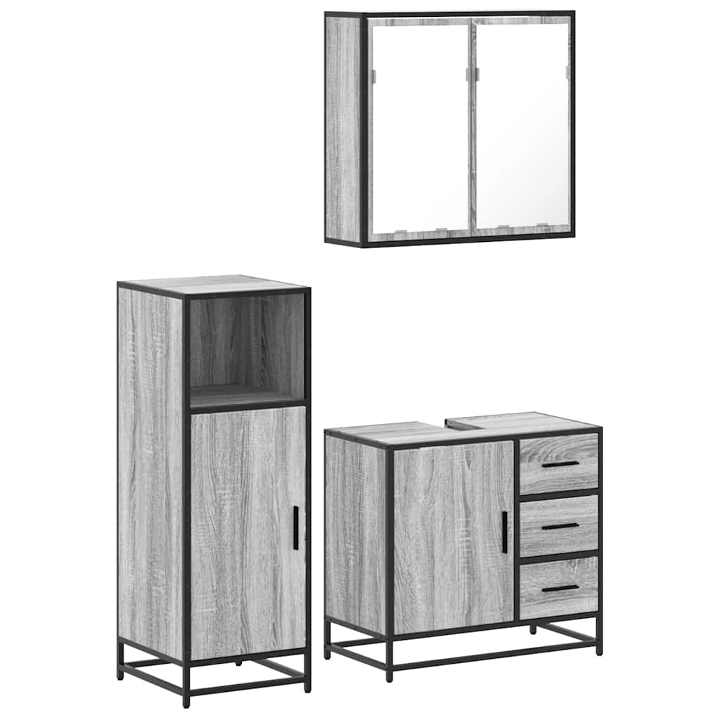 Set mobilier de baie, 3 piese, gri sonoma, lemn prelucrat