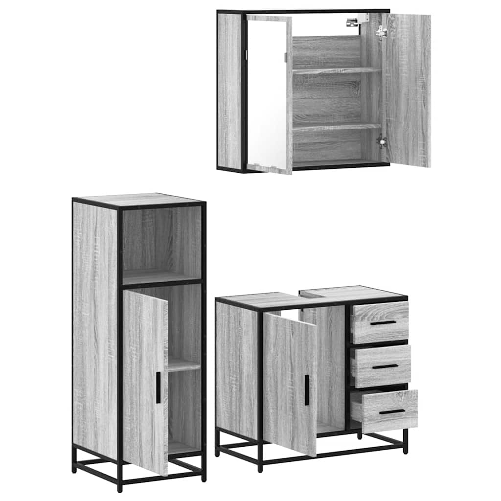 Set mobilier de baie, 3 piese, gri sonoma, lemn prelucrat